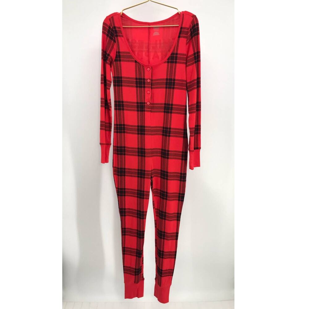 PINK Victoria's Secret Red Black Plaid Chillest Wrapper Pajama Jumpsuit Womens S